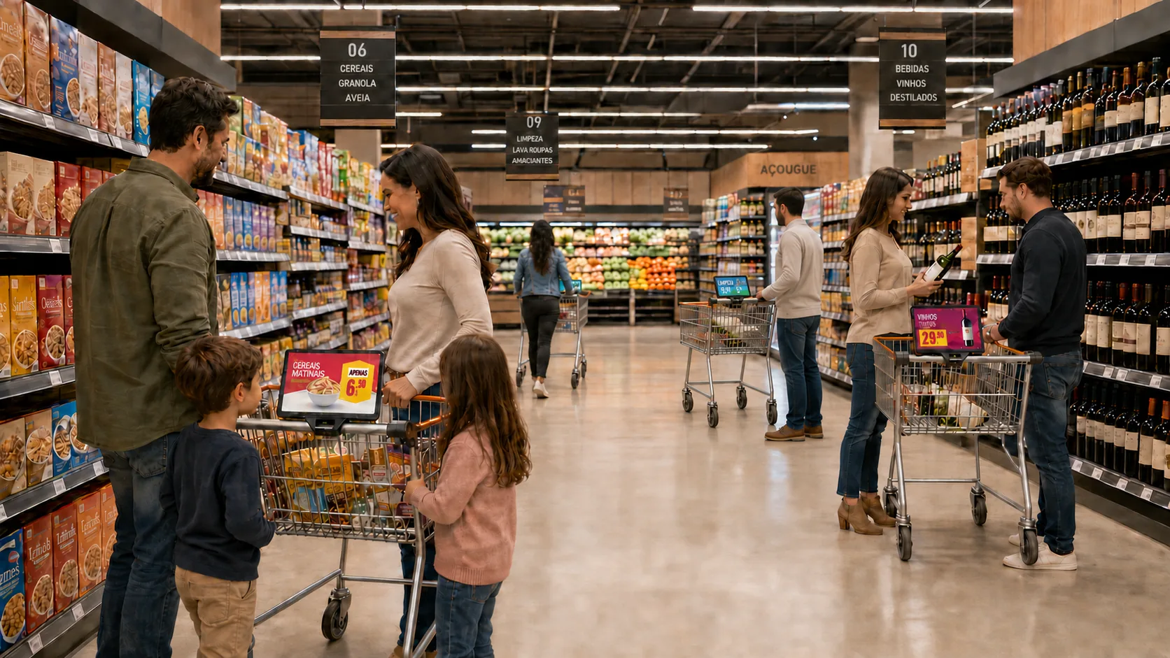 Famílias em um corredor de supermercado usando carrinhos com telas ViverCart que mostram ofertas de cereais e vinhos