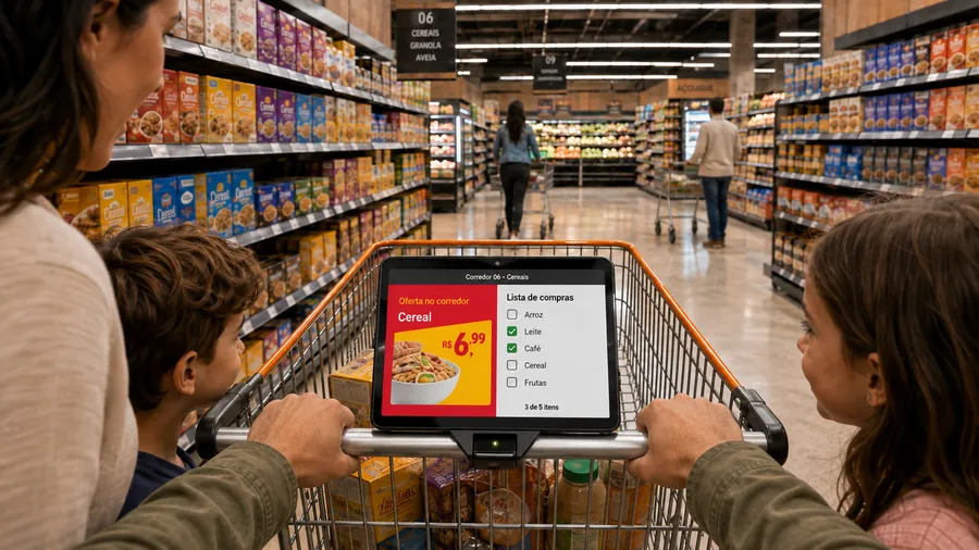 Tela ViverCart no carrinho mostrando a lista de compras e uma oferta de cereal no corredor 06